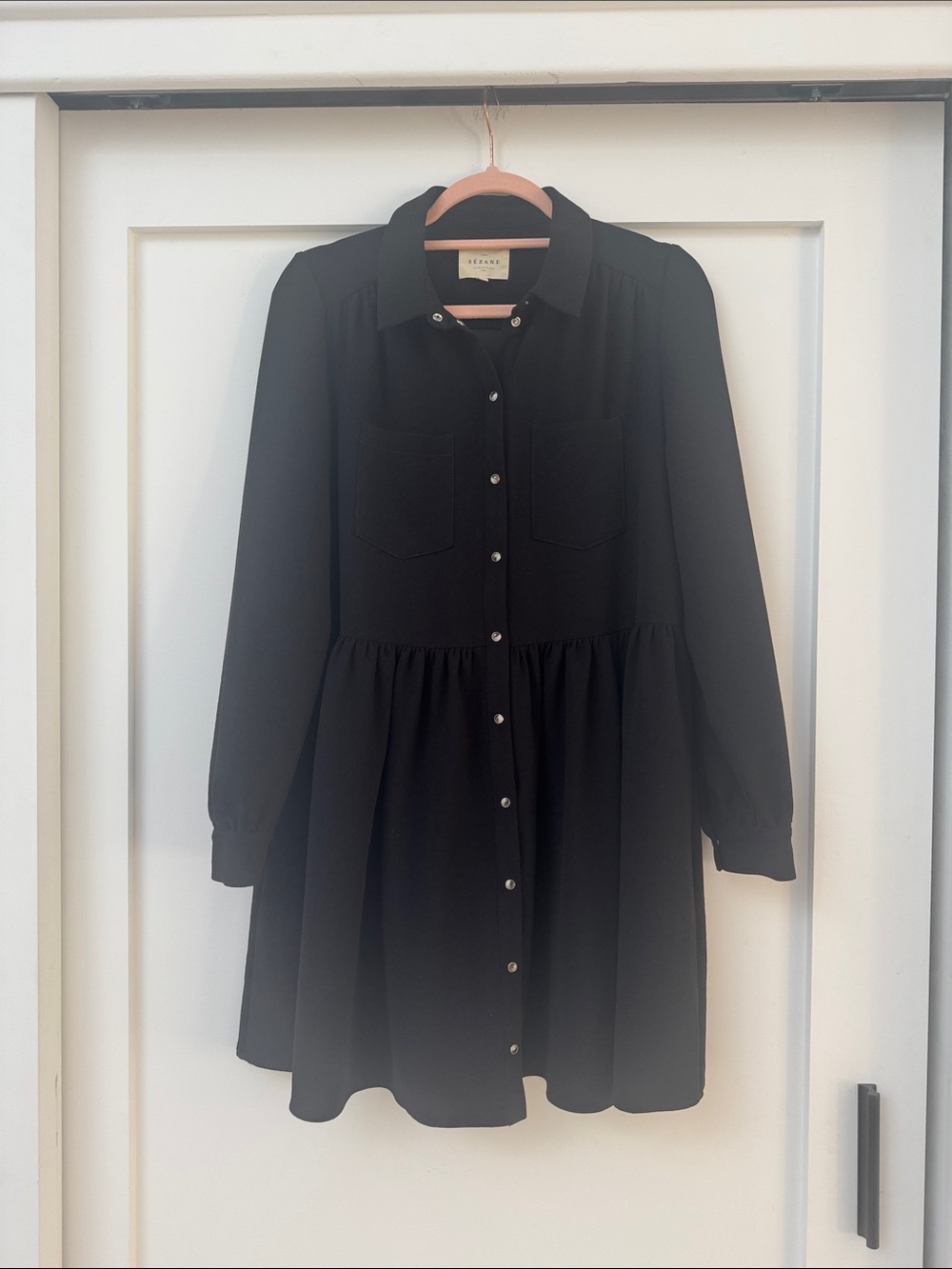 Sezane Black Long-Sleeve Button-Front Shirt Dress